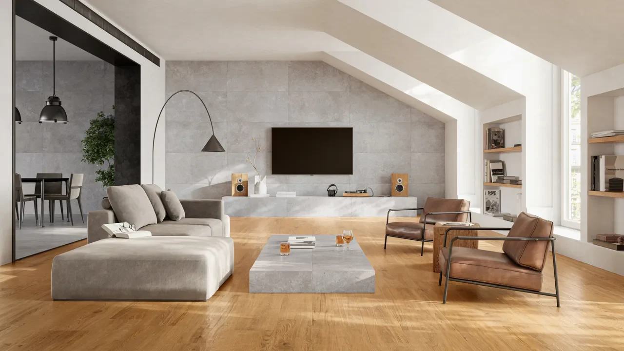 Modernes Wohnzimmer mit Steinwand.