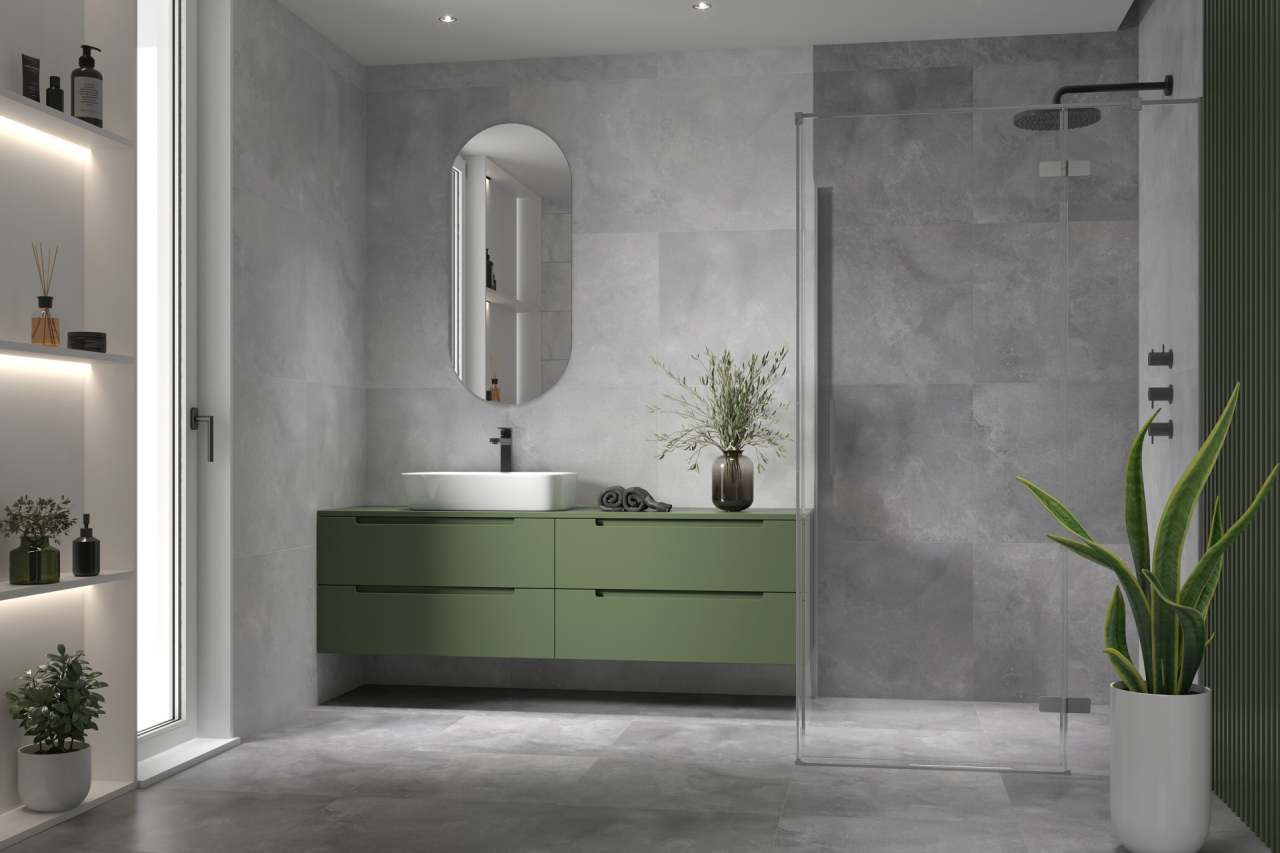 Badezimmer Grau Modern minimalistisch bodenebene dusche